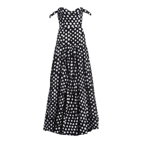 Studio 189 Off-the-shoulder Pleated Polkadot Cotton Gown - S - Black - Picture 4 of 6